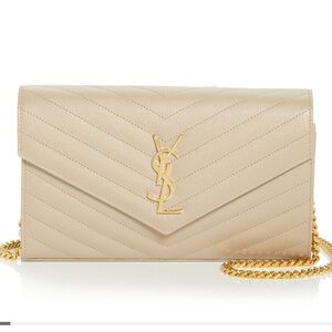 YSL Beige Quilted Leather Clutch with Gold Chain